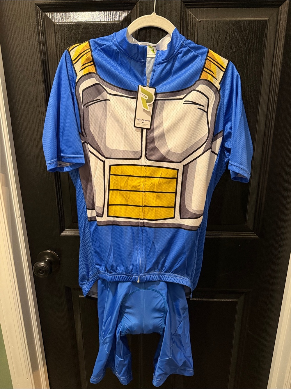 Blue Superhero Armor Cycling Jersey and Bib with Yellow Accents
